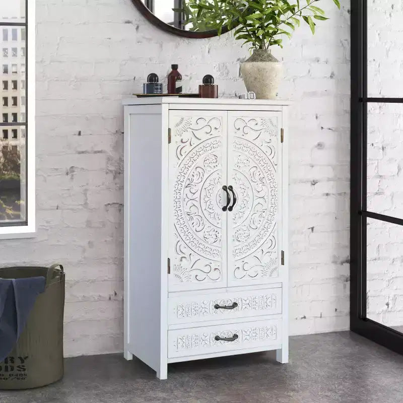 Mobile contenitore alto con cassetti, mobile dispensa d'accento con ante intagliate, credenza per camera da letto, soggiorno, ingresso - Panipeachy