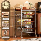 AEELLEEA Metal Rolling Kitchen Cart with Wire Baskets & Wheels, Multi-Purpose Movable Storage Trolley for Pantry, Coffee Bar, Bathroom, Office