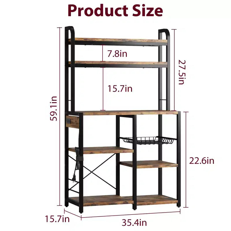 COZONY Scaffale da Forno a 5 Ripiani con Cesto in Filo, Supporto per Microonde con Prese di Corrente e Scaffali aperti per Cucina