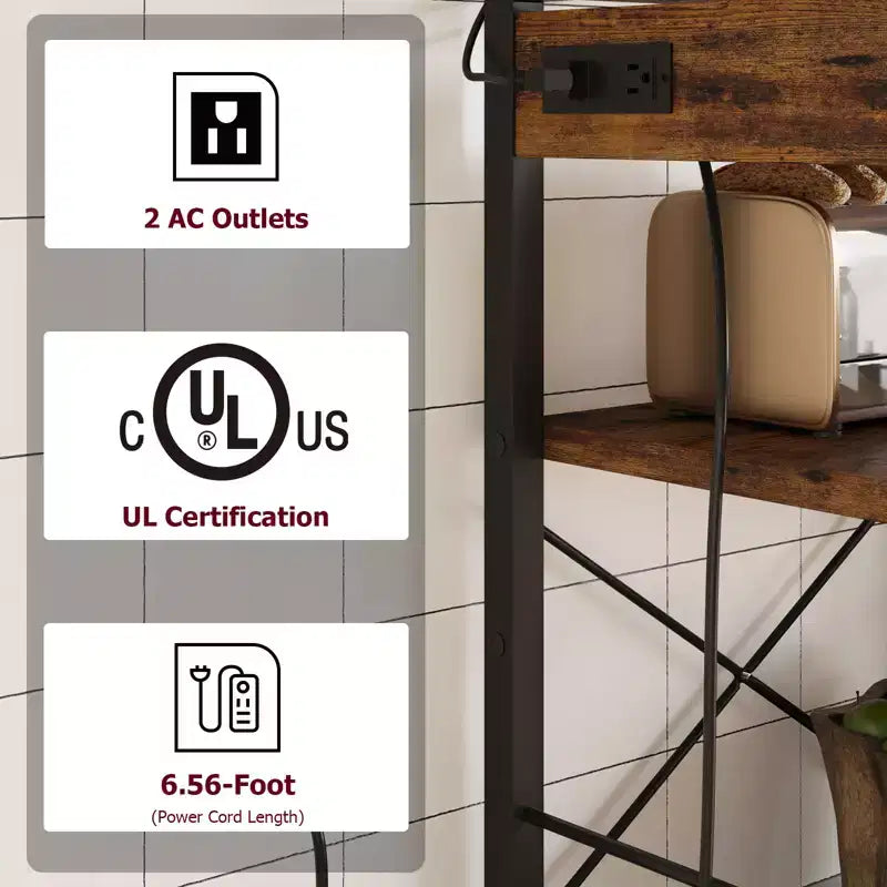 COZONY Scaffale da Forno a 5 Ripiani con Cesto in Filo, Supporto per Microonde con Prese di Corrente e Scaffali aperti per Cucina