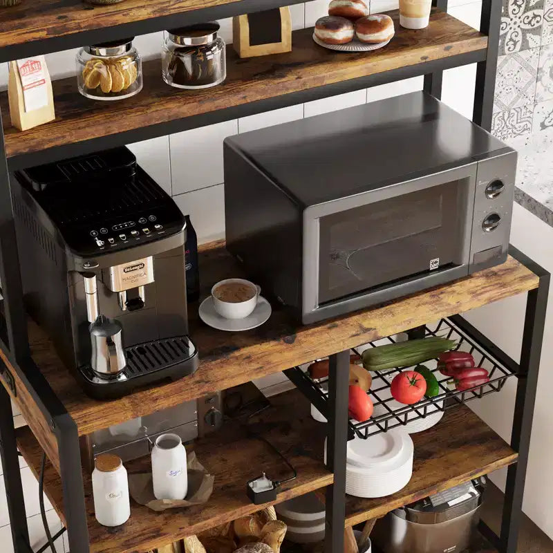 COZONY Scaffale da Forno a 5 Ripiani con Cesto in Filo, Supporto per Microonde con Prese di Corrente e Scaffali aperti per Cucina