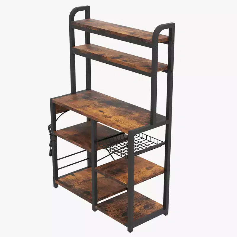 COZONY Scaffale da Forno a 5 Ripiani con Cesto in Filo, Supporto per Microonde con Prese di Corrente e Scaffali aperti per Cucina