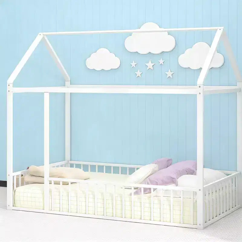 Luxystar - Struttura letto a casetta in metallo full-size con recinzione per bambini e ragazzi