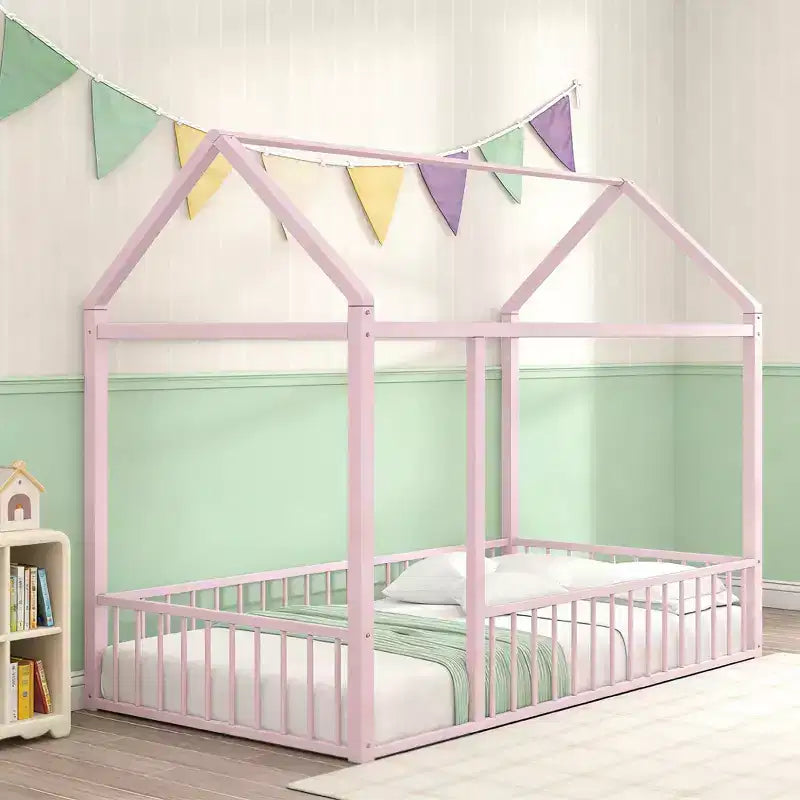 Luxystar - Struttura letto a casetta in metallo full-size con recinzione per bambini e ragazzi