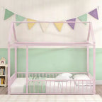 Luxystar Full Size Metal House Bed Frame with Fence for Kids and Teens