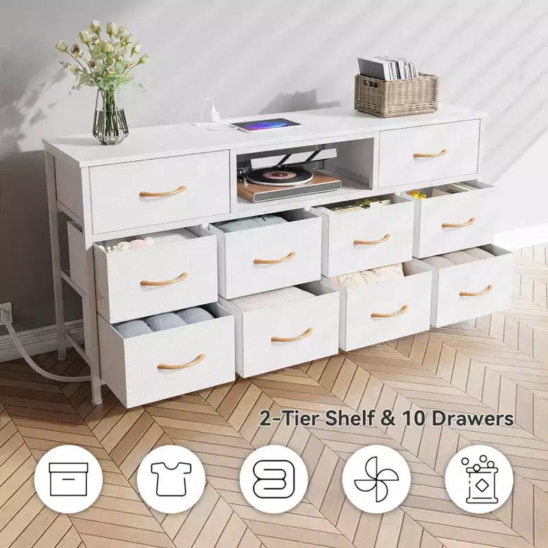 White 10 Drawer Dresser TV Stand for 65 Inch TV with Charging Station LED Lights Media Console 55 Inch Wide Bedroom Storage Chest Entertainment Unit