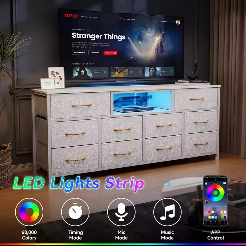 Comò bianco a 10 cassetti, mobile porta TV per TV da 65 pollici con stazione di ricarica, luci LED, console multimediale da 55 pollici, mobiletto contenitore per camera da letto, mobiletto per intrattenimento