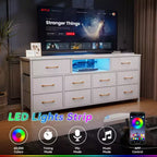 Comò bianco a 10 cassetti, mobile porta TV per TV da 65 pollici con stazione di ricarica, luci LED, console multimediale da 55 pollici, mobiletto contenitore per camera da letto, mobiletto per intrattenimento