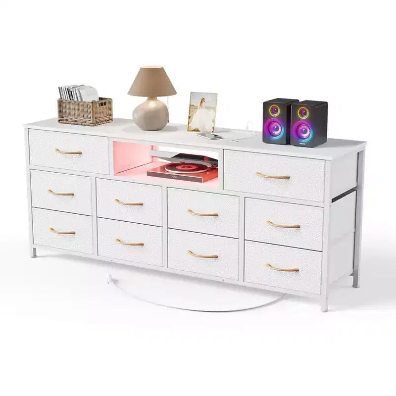 Comò bianco a 10 cassetti, mobile porta TV per TV da 65 pollici con stazione di ricarica, luci LED, console multimediale da 55 pollici, mobiletto contenitore per camera da letto, mobiletto per intrattenimento