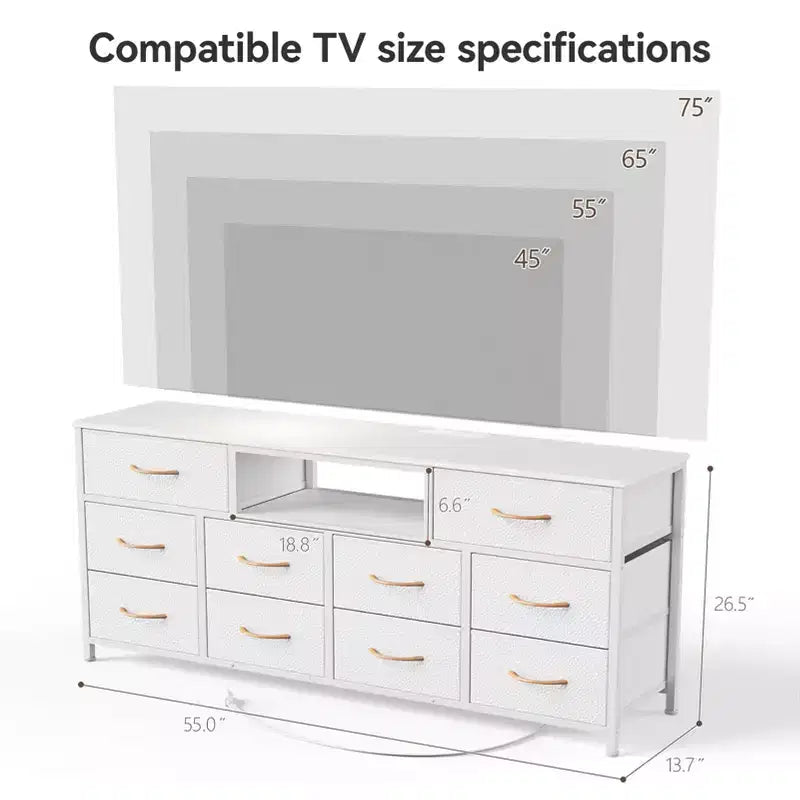 Comò bianco a 10 cassetti, mobile porta TV per TV da 65 pollici con stazione di ricarica, luci LED, console multimediale da 55 pollici, mobiletto contenitore per camera da letto, mobiletto per intrattenimento