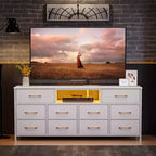 Comò bianco a 10 cassetti, mobile porta TV per TV da 65 pollici con stazione di ricarica, luci LED, console multimediale da 55 pollici, mobiletto contenitore per camera da letto, mobiletto per intrattenimento