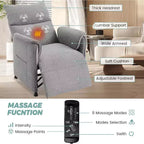 Poltrona reclinabile con massaggio e riscaldamento, poltrona reclinabile singola regolabile con telecomando per Home Theater e soggiorno, grigia