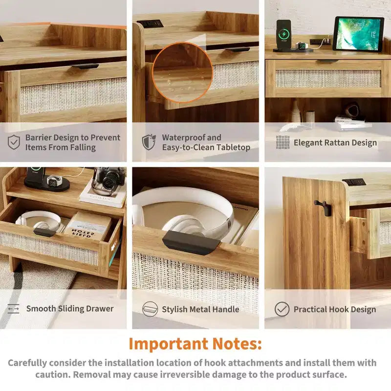COZONY Comodino in Rattan con Stazione di Ricarica Type-C, Cassetto e Ripiano Aperto per Camera da Letto, Ufficio e Soggiorno