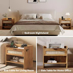 COZONY Comodino in Rattan con Stazione di Ricarica Type-C, Cassetto e Ripiano Aperto per Camera da Letto, Ufficio e Soggiorno