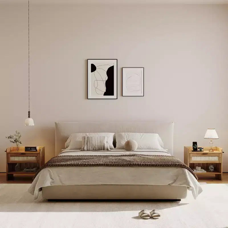 COZONY Comodino in Rattan con Stazione di Ricarica Type-C, Cassetto e Ripiano Aperto per Camera da Letto, Ufficio e Soggiorno