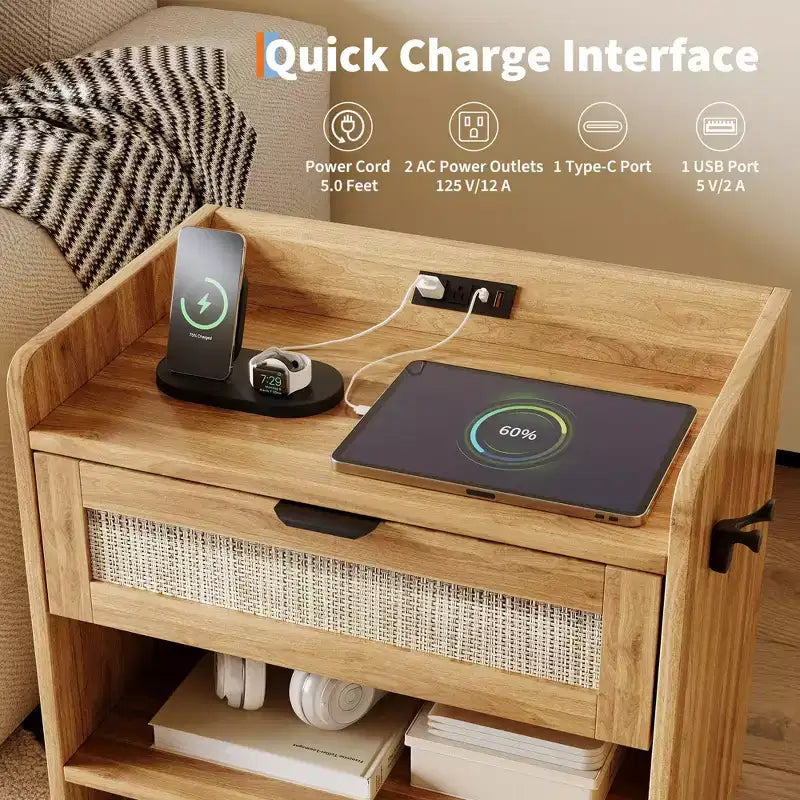 COZONY Comodino in Rattan con Stazione di Ricarica Type-C, Cassetto e Ripiano Aperto per Camera da Letto, Ufficio e Soggiorno