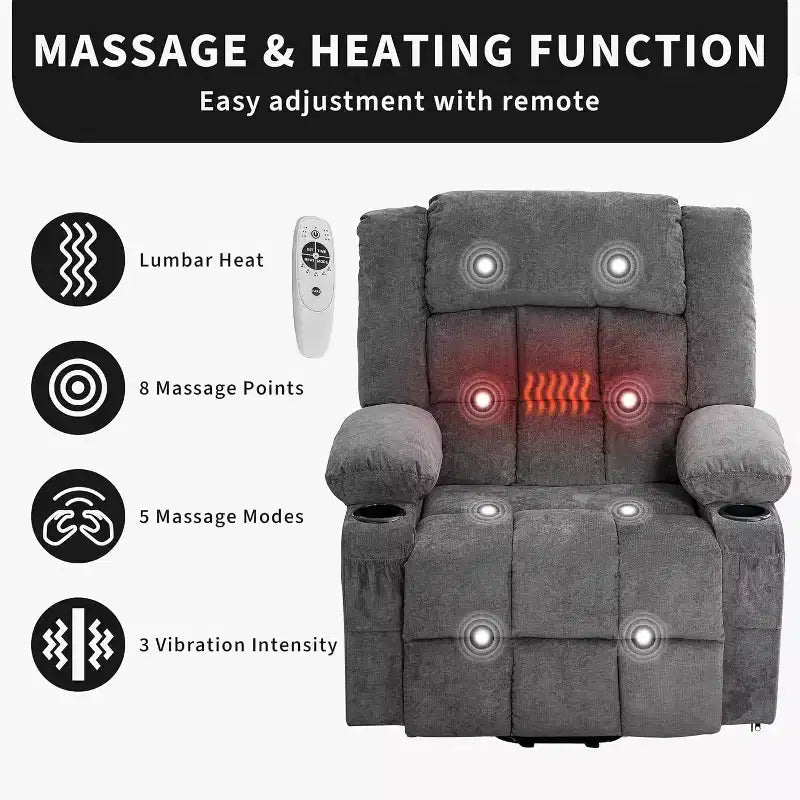 Poltrona reclinabile Large Power Lift per anziani con massaggio e calore, regolabile in 3 posizioni, porte USB, 2 tasche laterali, per soggiorno