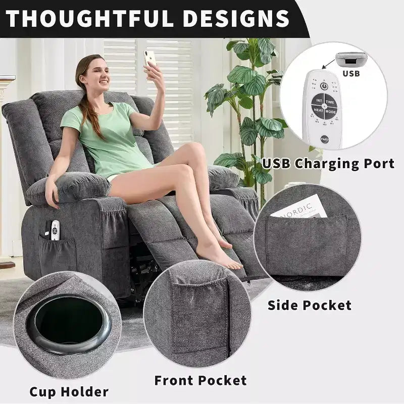 Poltrona reclinabile Large Power Lift per anziani con massaggio e calore, regolabile in 3 posizioni, porte USB, 2 tasche laterali, per soggiorno