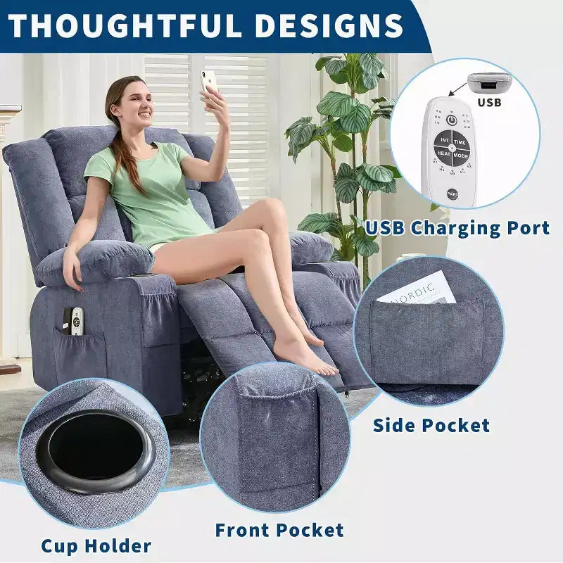 Poltrona reclinabile Large Power Lift per anziani con massaggio e calore, regolabile in 3 posizioni, porte USB, 2 tasche laterali, per soggiorno