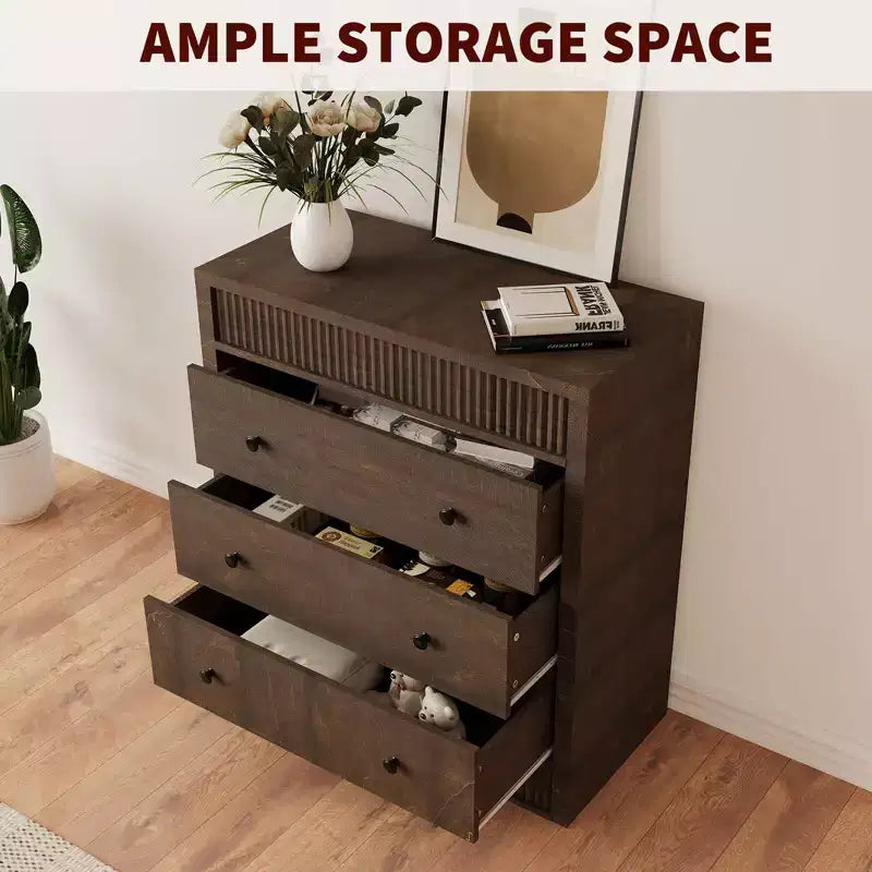 Cassettiera scanalata a 3 cassetti, comò alto 81 cm con pannello scanalato a doppia onda, mobile in legno per camera da letto, soggiorno, cameretta dei bambini