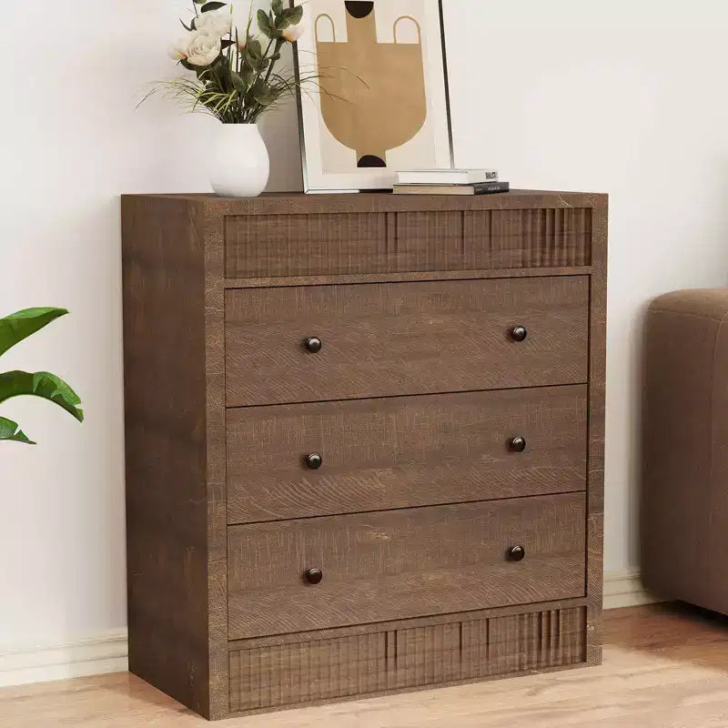 Cassettiera scanalata a 3 cassetti, comò alto 81 cm con pannello scanalato a doppia onda, mobile in legno per camera da letto, soggiorno, cameretta dei bambini