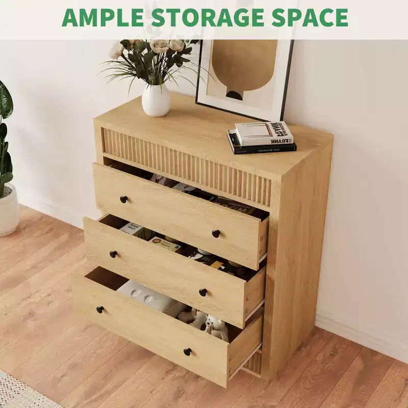 Cassettiera scanalata a 3 cassetti, comò alto 81 cm con pannello scanalato a doppia onda, mobile in legno per camera da letto, soggiorno, cameretta dei bambini