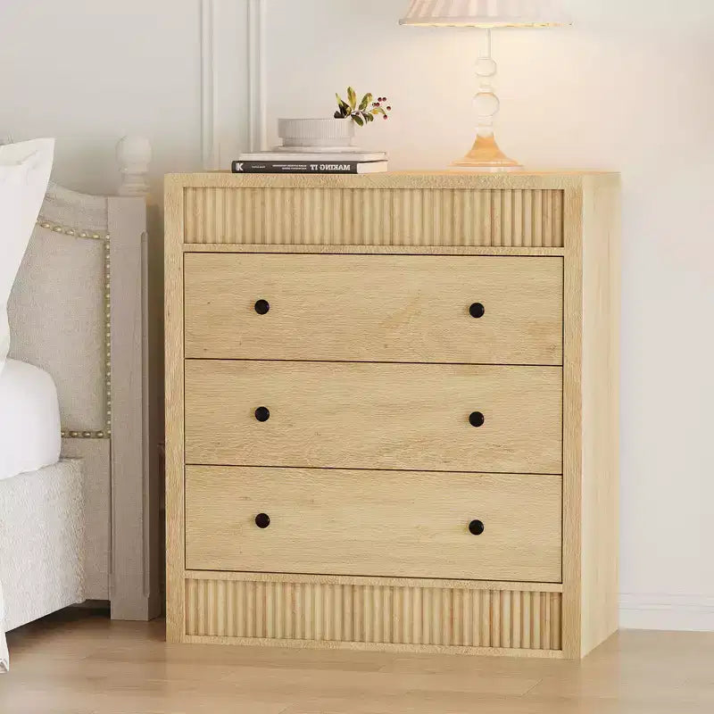 Fluted 3 Drawer Dresser, 32in Tall 3 Chest of Drawers with Double Waveform Fluted Panel, Wooden Cabinet for Bedroom Living Room Nursery