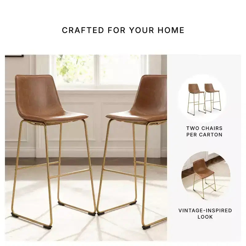 Signature Design by Ashley Lexadine Sgabelli da Bar Imbottiti con Altezza Bancone, Set di 2, Similpelle Marrone con Struttura in Metallo Color Oro