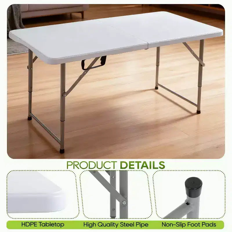 Tavolo pieghevole FDW 4FT, tavolo da picnic portatile in plastica pieghevole a metà con maniglia per il trasporto (bianco, 4FT)