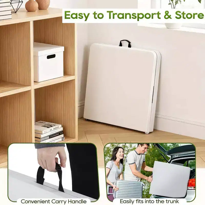 Tavolo pieghevole FDW 4FT, tavolo da picnic portatile in plastica pieghevole a metà con maniglia per il trasporto (bianco, 4FT)