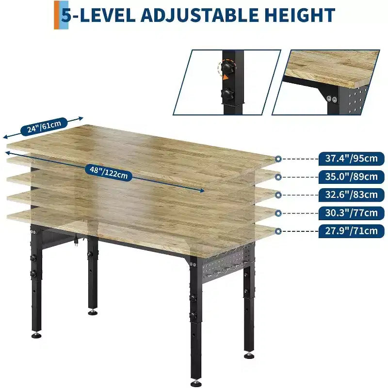 Banco da lavoro resistente regolabile con piano in legno di caucciù, tavolo da lavoro da garage su ruote con pannello forato, banco da lavoro portatile per garage, capacità di carico di 2200 libbre