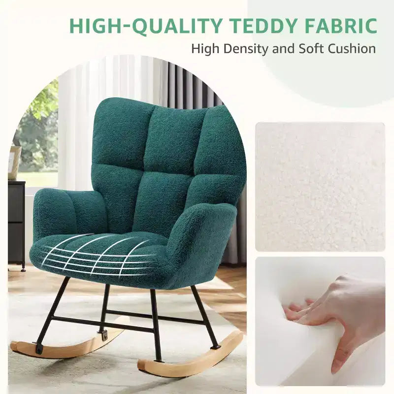 Poltrona a dondolo Teddy Glider Okak con schienale alto, poltrona imbottita, poltrona moderna da lettura per soggiorno, camera da letto