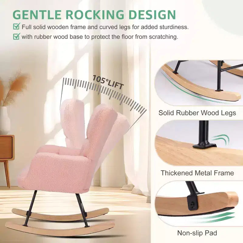 Poltrona a dondolo Teddy Glider Okak con schienale alto, poltrona imbottita, poltrona moderna da lettura per soggiorno, camera da letto