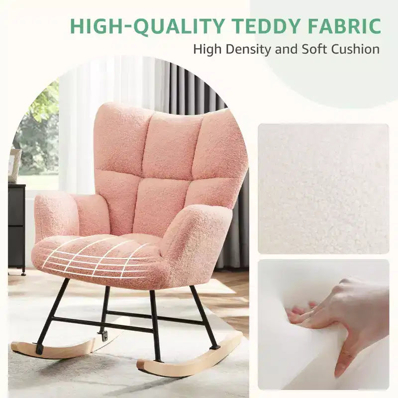Poltrona a dondolo Teddy Glider Okak con schienale alto, poltrona imbottita, poltrona moderna da lettura per soggiorno, camera da letto
