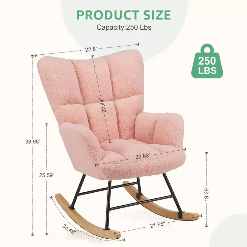 Poltrona a dondolo Teddy Glider Okak con schienale alto, poltrona imbottita, poltrona moderna da lettura per soggiorno, camera da letto