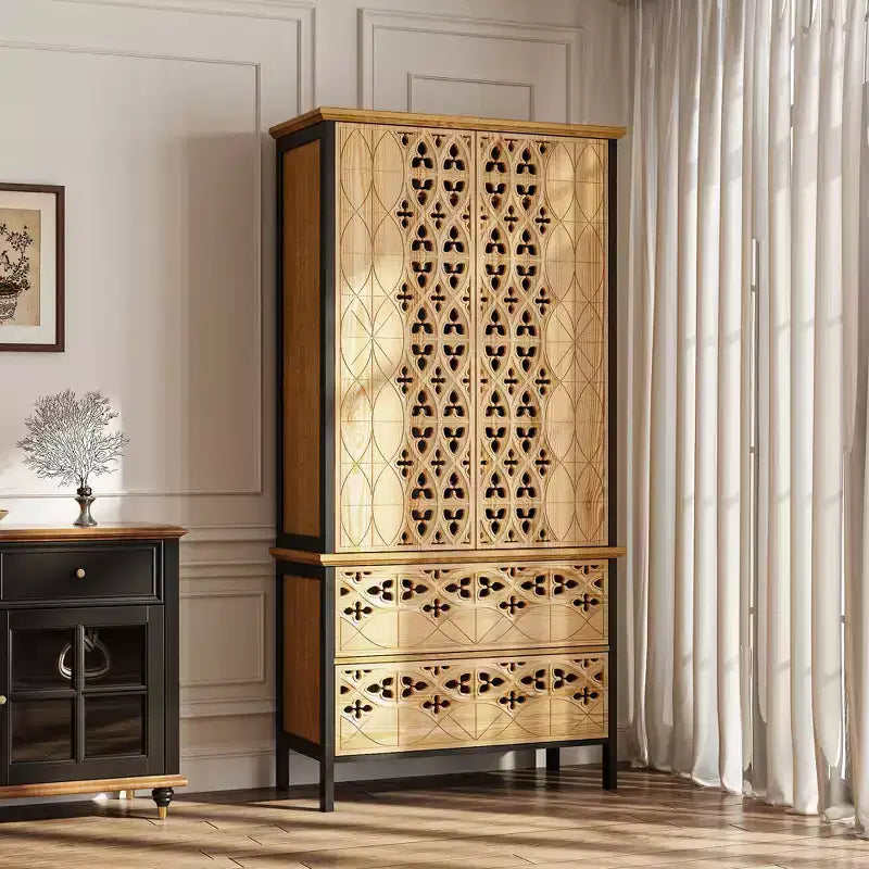 Famapy Carved Display Storage Cabinet with Intricate Design Bookshelves Curio Bookshelf 2 Drawers +6 Display Shelves Living Room Decor Cabinet