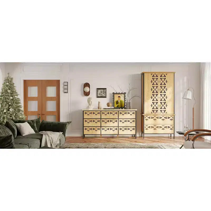 Famapy Vetrina Intagliata con Motivo Intricato Scaffali da Esposizione Scaffale da Collezione 2 Cassetti + 6 Ripiani da Esposizione Mobiletto per Arredamento Soggiorno