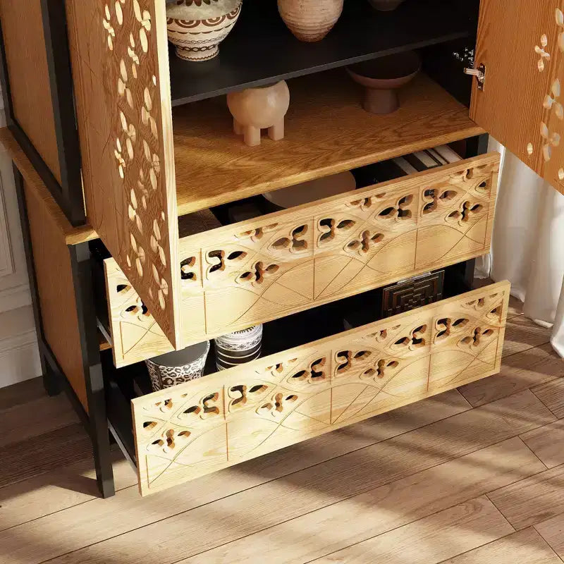 Famapy Vetrina Intagliata con Motivo Intricato Scaffali da Esposizione Scaffale da Collezione 2 Cassetti + 6 Ripiani da Esposizione Mobiletto per Arredamento Soggiorno