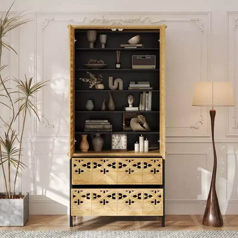 Famapy Vetrina Intagliata con Motivo Intricato Scaffali da Esposizione Scaffale da Collezione 2 Cassetti + 6 Ripiani da Esposizione Mobiletto per Arredamento Soggiorno