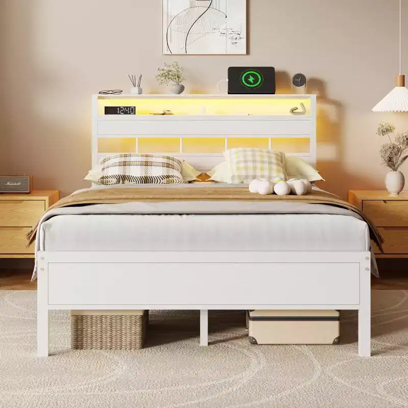 Modern White Full Size Bed Frame With LED Lights Storage Headboard USB C Charging Station Metal Platform Bed For Teen Gaming Bedroom No Box Spring