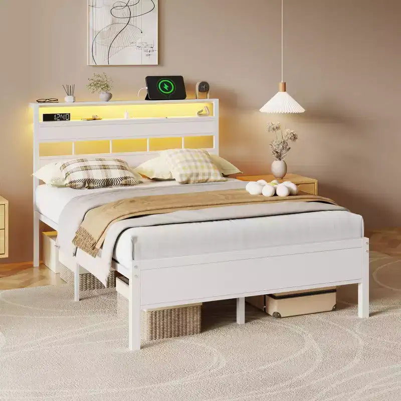 Telaio letto moderno bianco matrimoniale con luci a LED, testiera con vano portaoggetti, stazione di ricarica USB-C, base a piattaforma in metallo per camera da letto di adolescenti e gamer, senza bisogno di rete a doghe