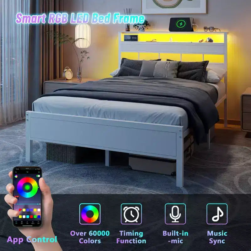 Telaio letto moderno bianco matrimoniale con luci a LED, testiera con vano portaoggetti, stazione di ricarica USB-C, base a piattaforma in metallo per camera da letto di adolescenti e gamer, senza bisogno di rete a doghe