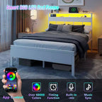 Telaio letto moderno bianco matrimoniale con luci a LED, testiera con vano portaoggetti, stazione di ricarica USB-C, base a piattaforma in metallo per camera da letto di adolescenti e gamer, senza bisogno di rete a doghe