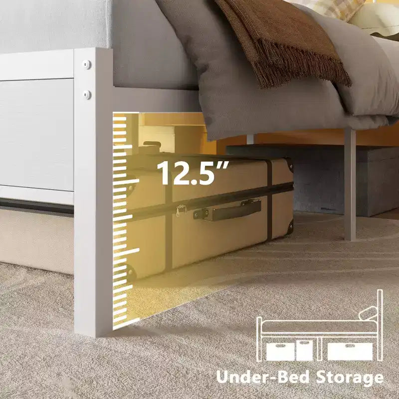 Telaio letto moderno bianco matrimoniale con luci a LED, testiera con vano portaoggetti, stazione di ricarica USB-C, base a piattaforma in metallo per camera da letto di adolescenti e gamer, senza bisogno di rete a doghe