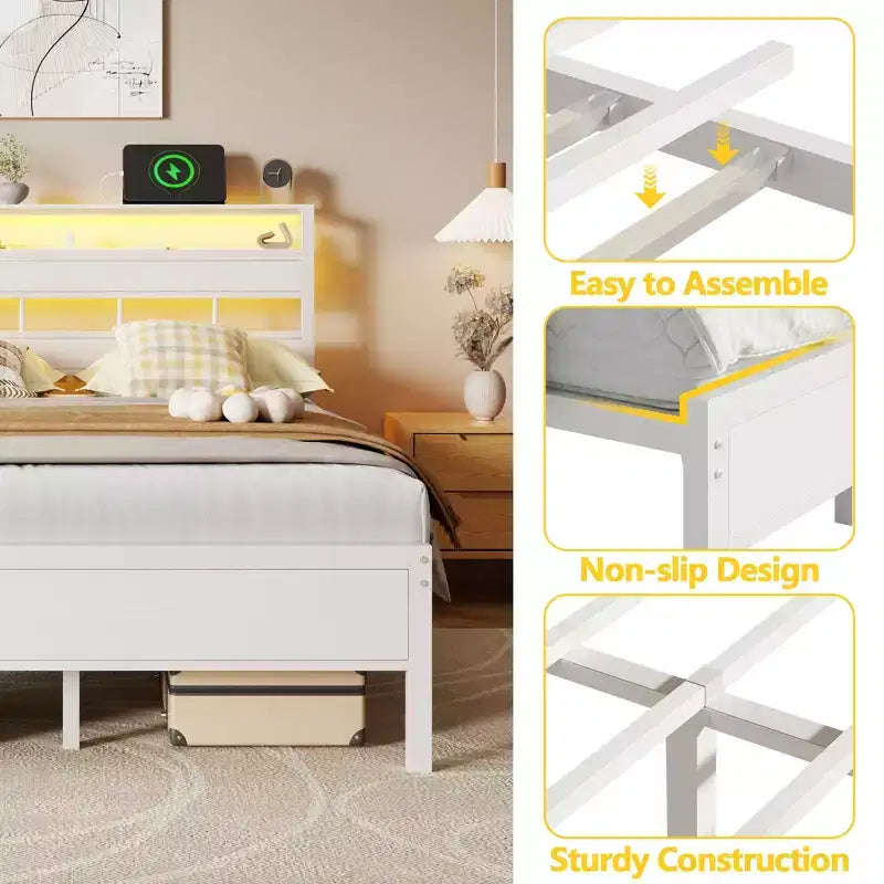Telaio letto moderno bianco matrimoniale con luci a LED, testiera con vano portaoggetti, stazione di ricarica USB-C, base a piattaforma in metallo per camera da letto di adolescenti e gamer, senza bisogno di rete a doghe