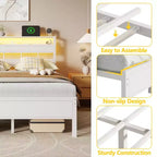 Telaio letto moderno bianco matrimoniale con luci a LED, testiera con vano portaoggetti, stazione di ricarica USB-C, base a piattaforma in metallo per camera da letto di adolescenti e gamer, senza bisogno di rete a doghe
