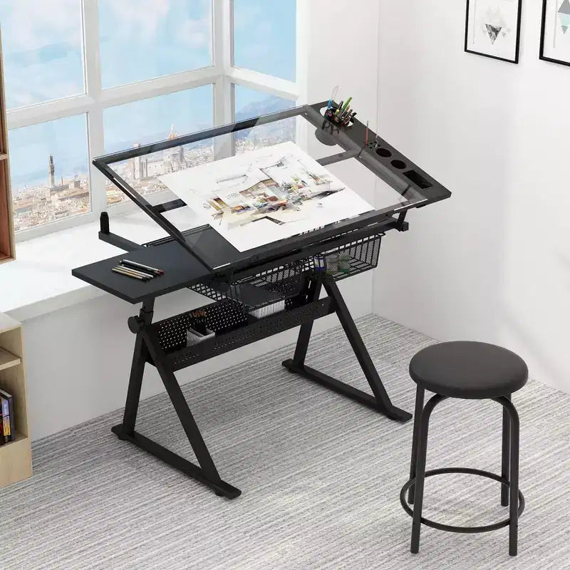 Glass Drafting Table, Height Adjustable Art Desk, Artwork Drawing Drafting Table with 2 Storage Drawers, Stool for Home Office