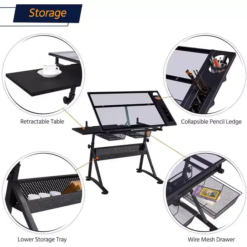 Tavolo da disegno in vetro, scrivania artistica regolabile in altezza, tavolo da disegno per opere d'arte con 2 cassetti portaoggetti, sgabello per ufficio domestico