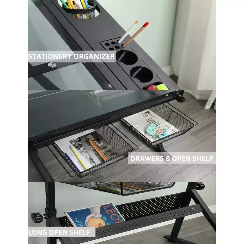 Tavolo da disegno in vetro, scrivania artistica regolabile in altezza, tavolo da disegno per opere d'arte con 2 cassetti portaoggetti, sgabello per ufficio domestico