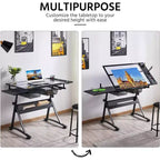 Tavolo da disegno in vetro, scrivania artistica regolabile in altezza, tavolo da disegno per opere d'arte con 2 cassetti portaoggetti, sgabello per ufficio domestico